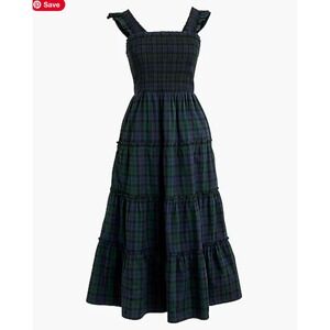 J. Crew Factory Dress M Cotton blend poplin smocked tiered midi tartan navy xmas